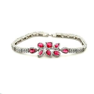Ruby Red Faux Gemstone Silver Tone Floral Tennis Bracelet Clear CZ Accents